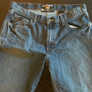 Ariat M4 Rebar Low Rise, Boot Cut blue jeans.